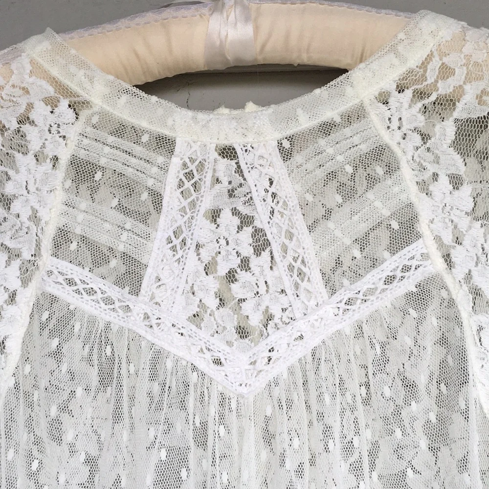 FREE PEOPLE BOHO IVORY/OFF WHITE MODERN ROMANCE SHEER LACE TOP - Picture 6 of 13